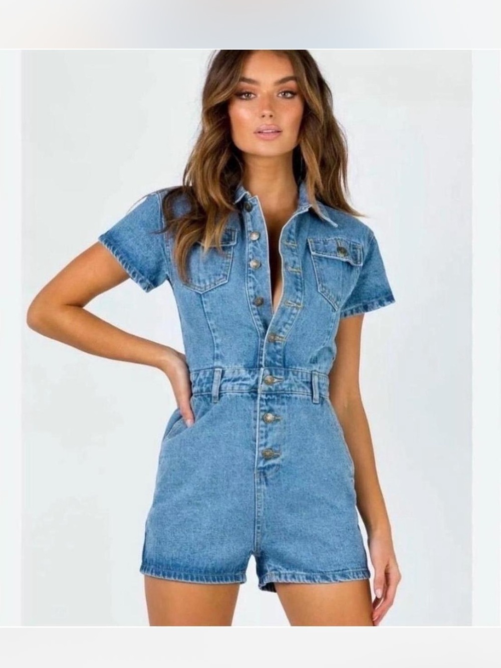 Lioness Light Blue Denim Short Sleeve Romper
